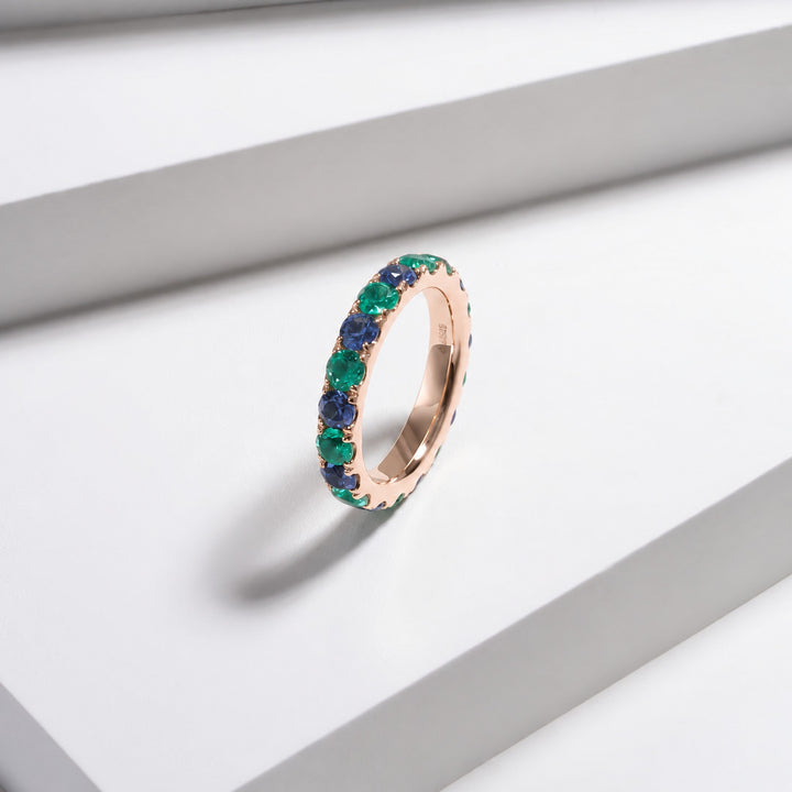 Colombian Emerald & Blue Sapphire Alternating Eternity Band in 14K rose gold, lifestyle