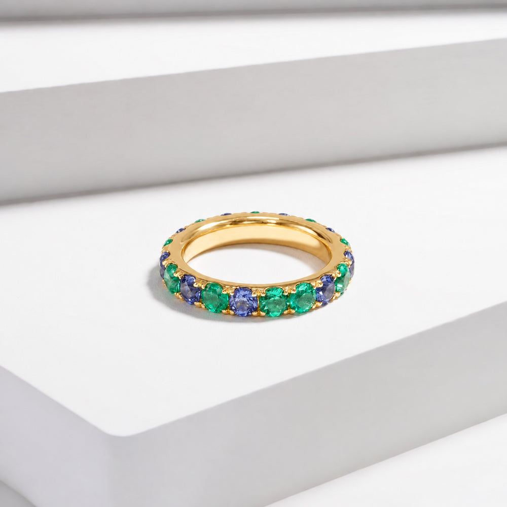 Colombian Emerald & Blue Sapphire Alternating Eternity Band in 14K yellow gold, lifestyle