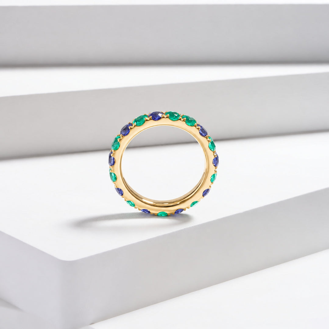 Colombian Emerald & Blue Sapphire Alternating Eternity Band in 14K yellow gold, lifestyle