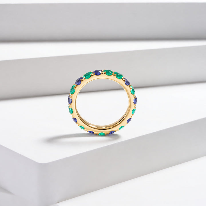 Colombian Emerald & Blue Sapphire Alternating Eternity Band in 14K yellow gold, lifestyle