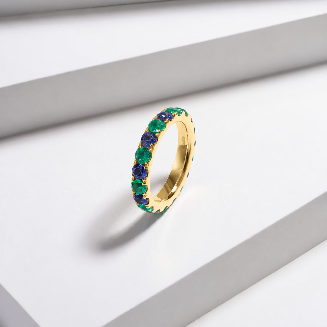 Colombian Emerald & Blue Sapphire Alternating Eternity Band in 14K yellow gold, lifestyle