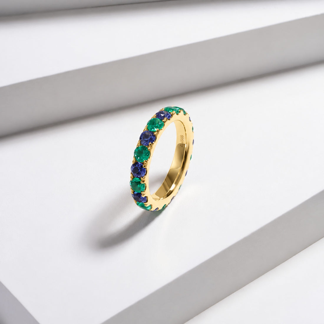 Colombian Emerald & Blue Sapphire Alternating Eternity Band in 14K yellow gold, lifestyle