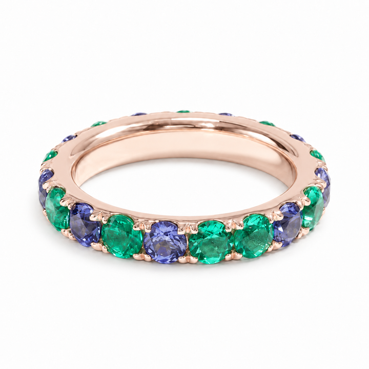 Colombian Emerald & Blue Sapphire Alternating Eternity Band in 14K Rose Gold