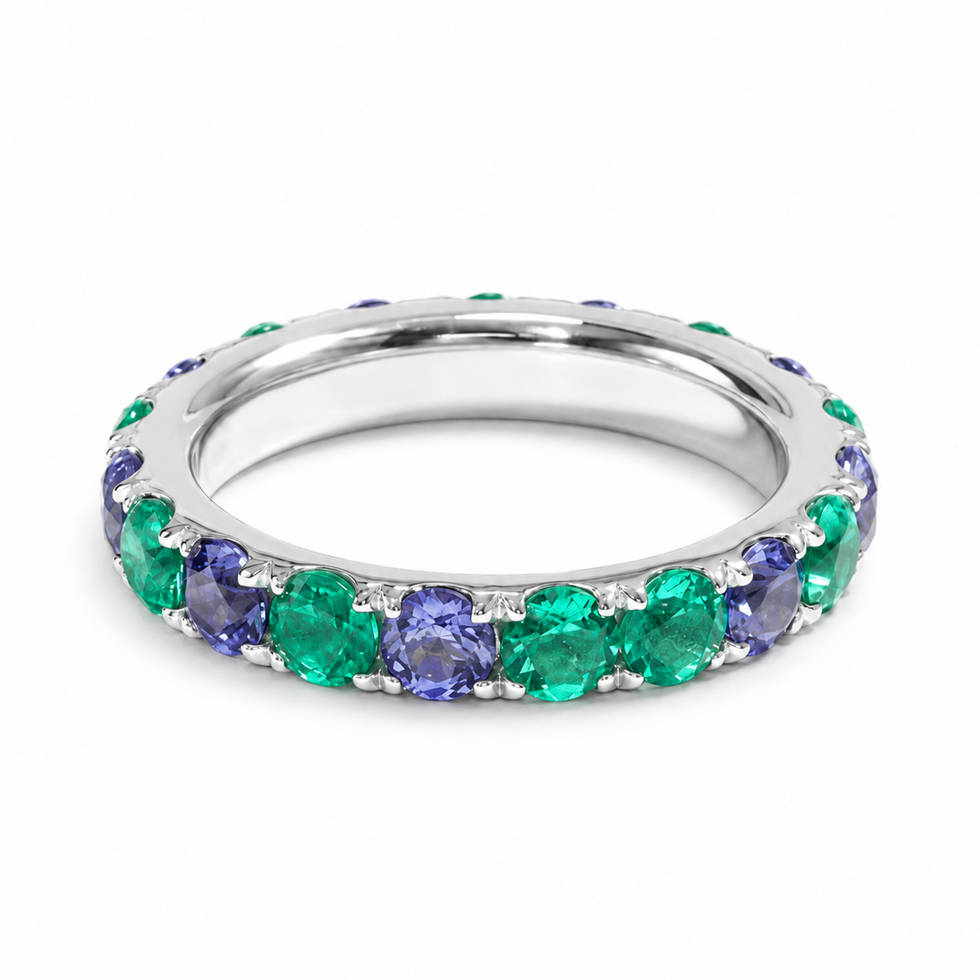 Colombian Emerald & Blue Sapphire Alternating Eternity Band in 14K White Gold