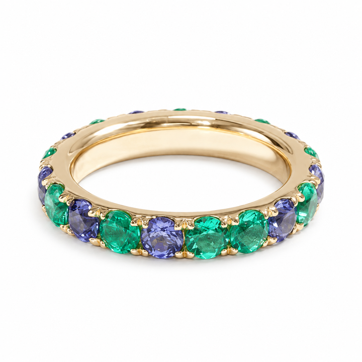 Colombian Emerald & Blue Sapphire Alternating Eternity Band in 14K Yellow Gold