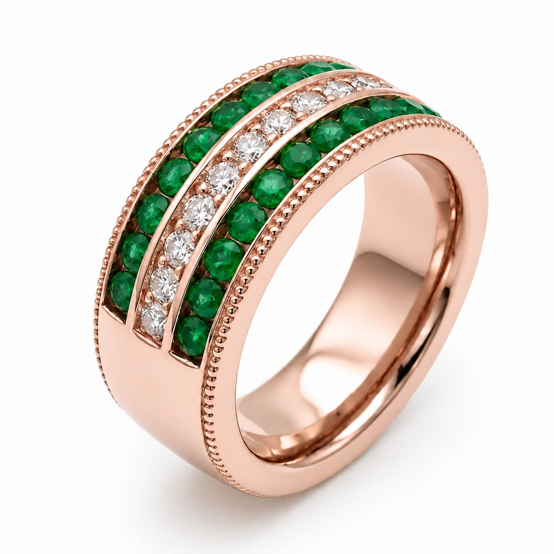 Colombian Emerald & Diamond Eternity Vintage Band (6.5mm) in 14K rose gold, angle view
