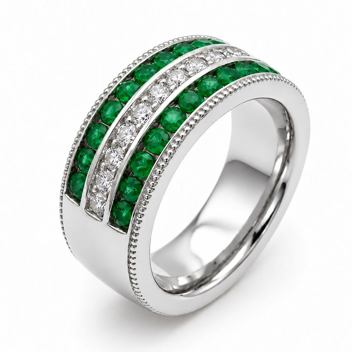 Colombian Emerald & Diamond Eternity Vintage Band (6.5mm) in 14K white gold, angle view