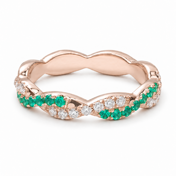 Colombian Emerald & Diamond Twist Band in 14K Rose Gold