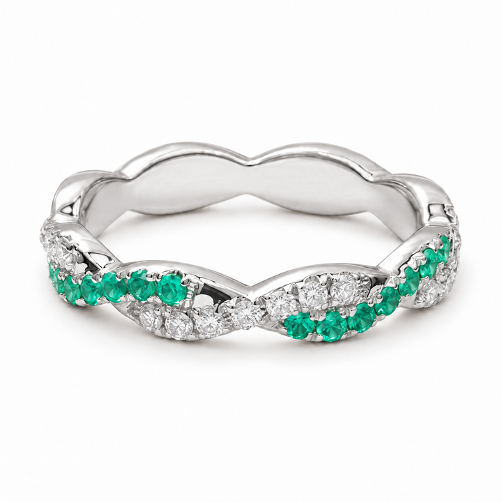 Colombian Emerald & Diamond Twist Band in 14K White Gold
