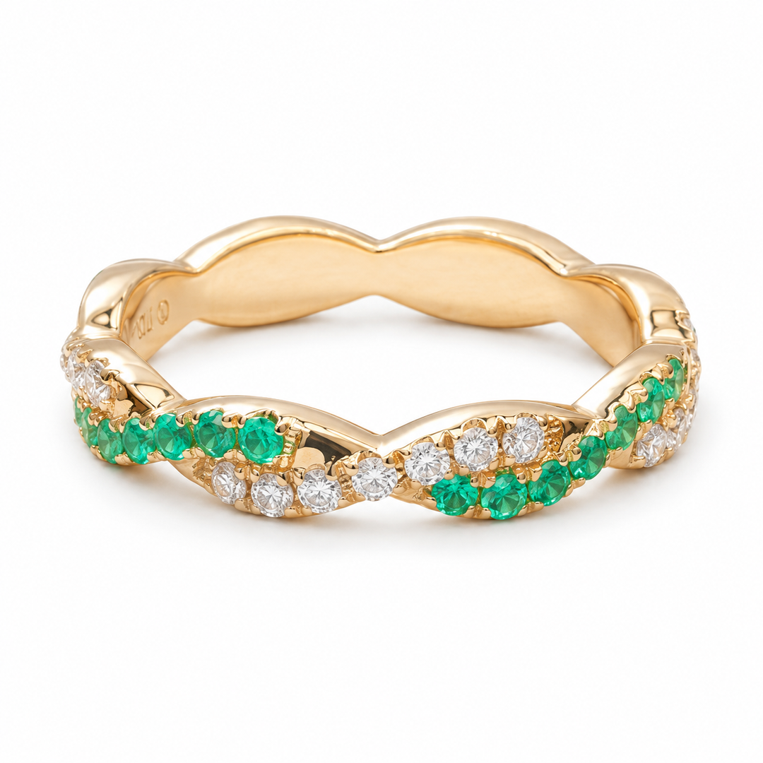 Colombian Emerald & Diamond Twist Band in 14K Yellow Gold