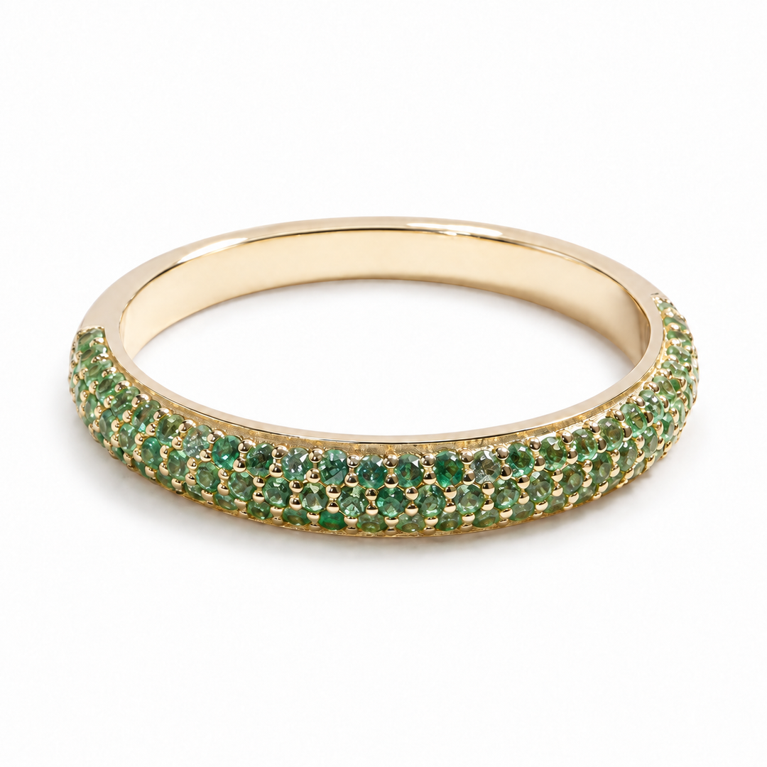 Colombian Emerald Triple-Row Pave Half-Eternity Band in 14K Yellow Gold