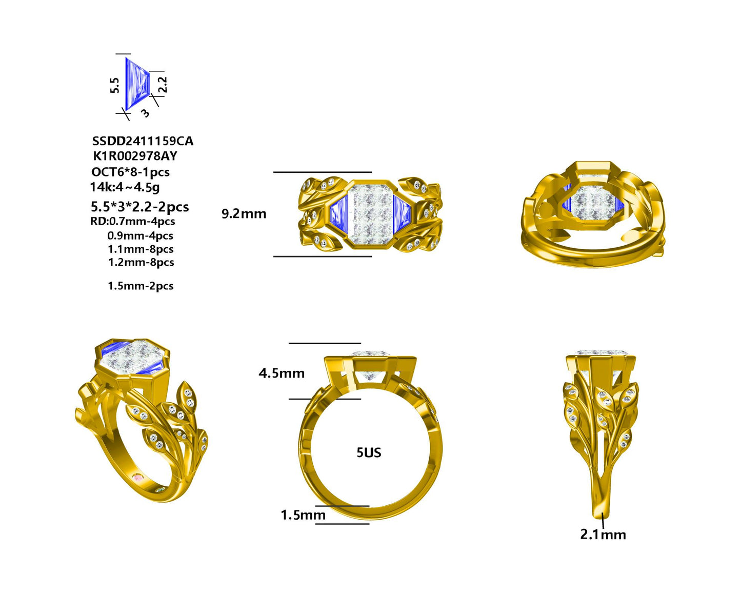 Customized™ 1.75ct Emerald Cut Moissanite with Trapezoidal Cut Blue Sapphires Three-Stone Ring in 14K Solid Yellow Gold (Full Deposit)