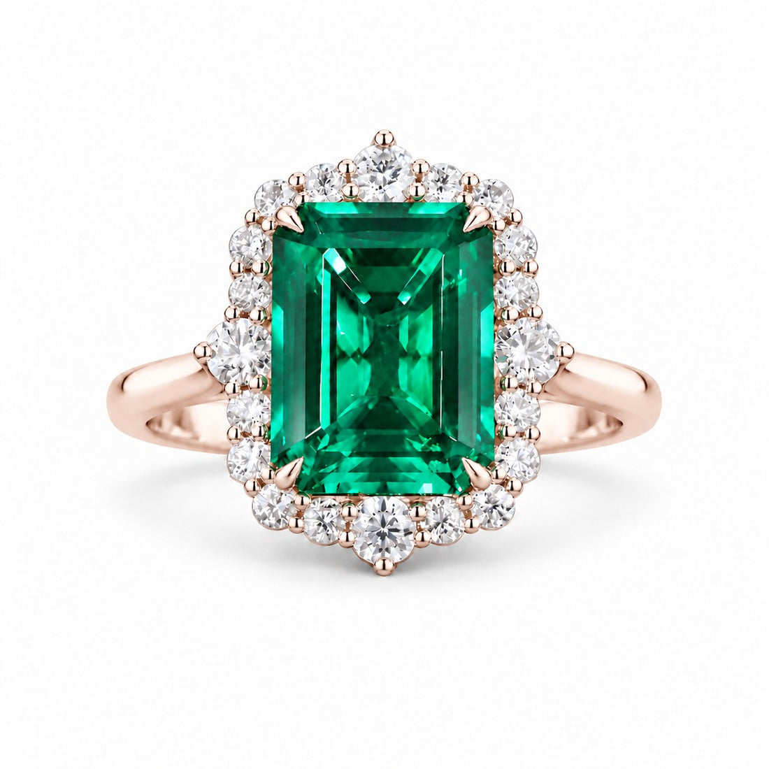 The Crown Halo — Diamond Halo Emerald Ring in 14K rose gold, front view