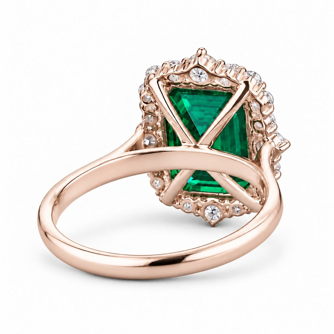 The Crown Halo — Diamond Halo Emerald Ring in 14K rose gold, back and setting