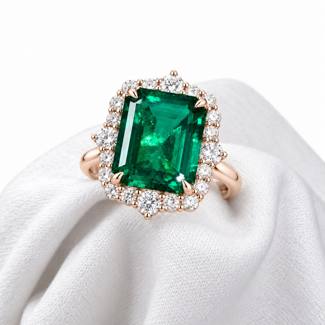 The Crown Halo — Diamond Halo Emerald Ring in 14K rose gold, detail