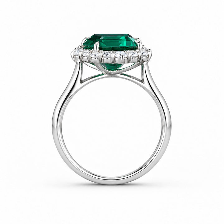 The Crown Halo — Diamond Halo Emerald Ring in 14K white gold, profile