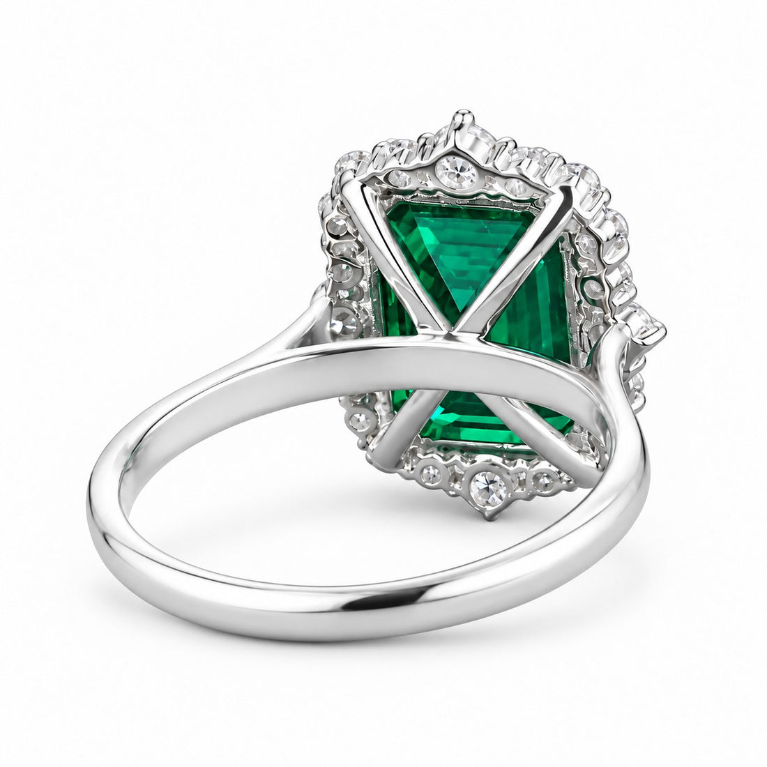 The Crown Halo — Diamond Halo Emerald Ring in 14K white gold, back and setting