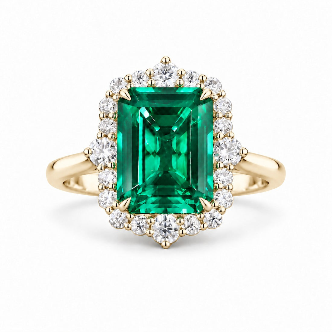 The Crown Halo — Diamond Halo Emerald Ring in 14K yellow gold, front view