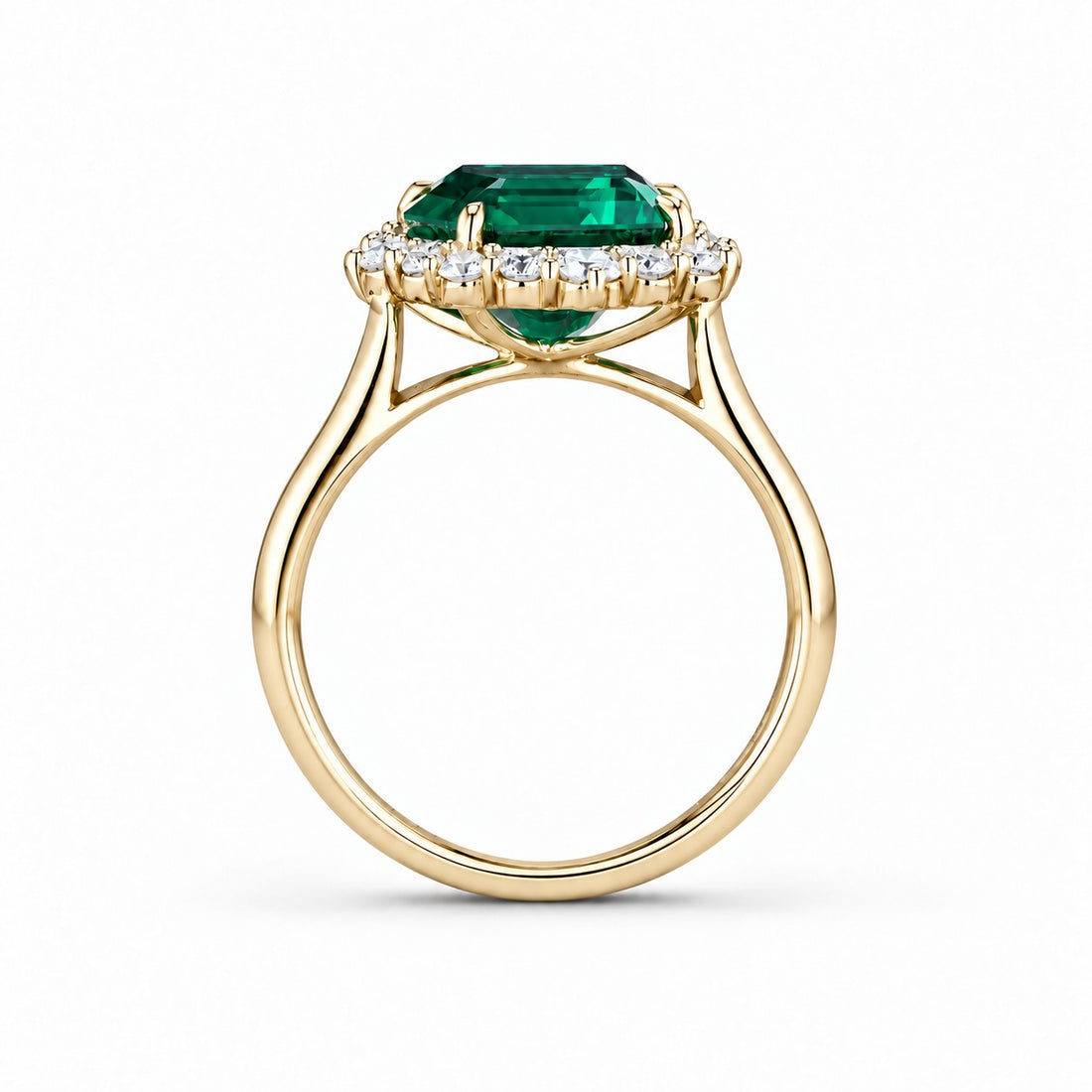 The Crown Halo — Diamond Halo Emerald Ring in 14K yellow gold, profile