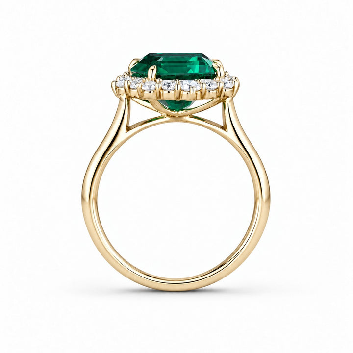 The Crown Halo — Diamond Halo Emerald Ring in 14K yellow gold, profile