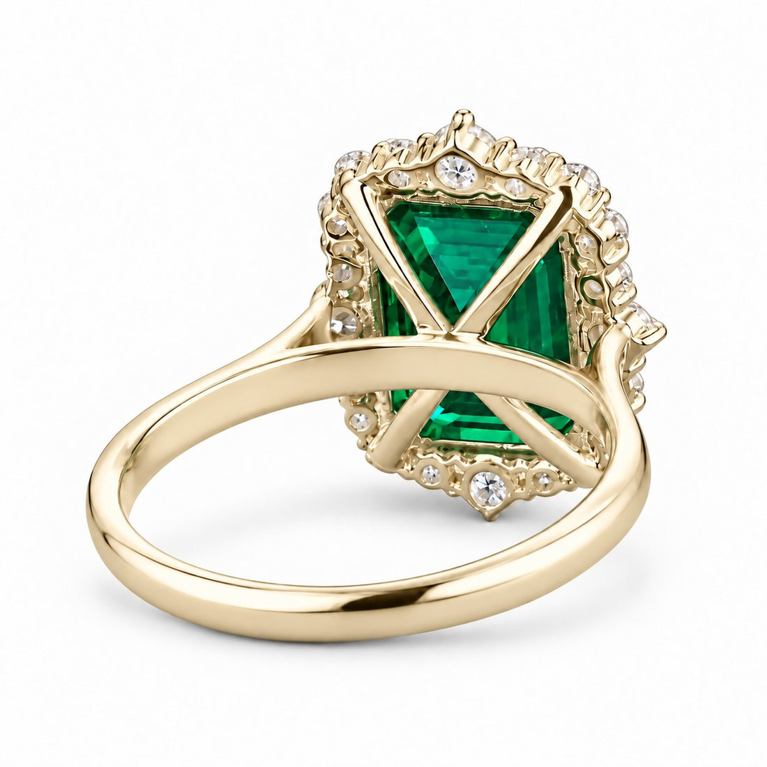 The Crown Halo — Diamond Halo Emerald Ring in 14K yellow gold, back and setting
