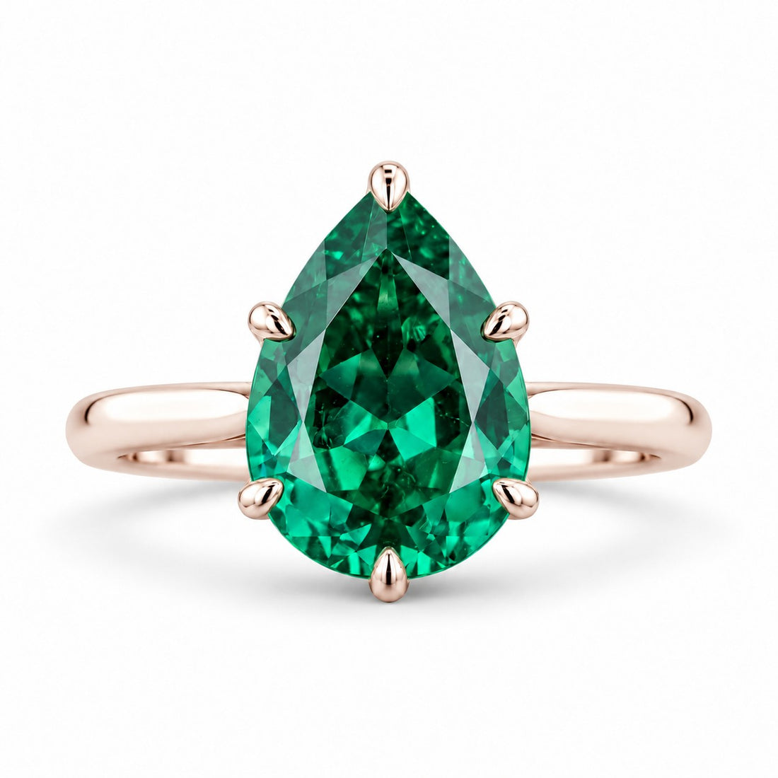 The Lotus Lace — Pear Emerald Ring (Petal Setting) in 14K rose gold, front view