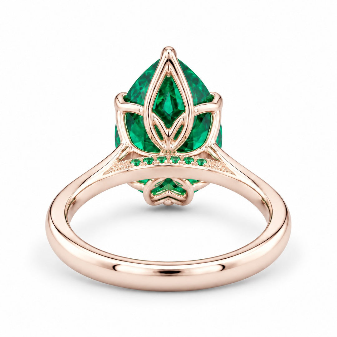 The Lotus Lace — Pear Emerald Ring (Petal Setting) in 14K rose gold, back and setting