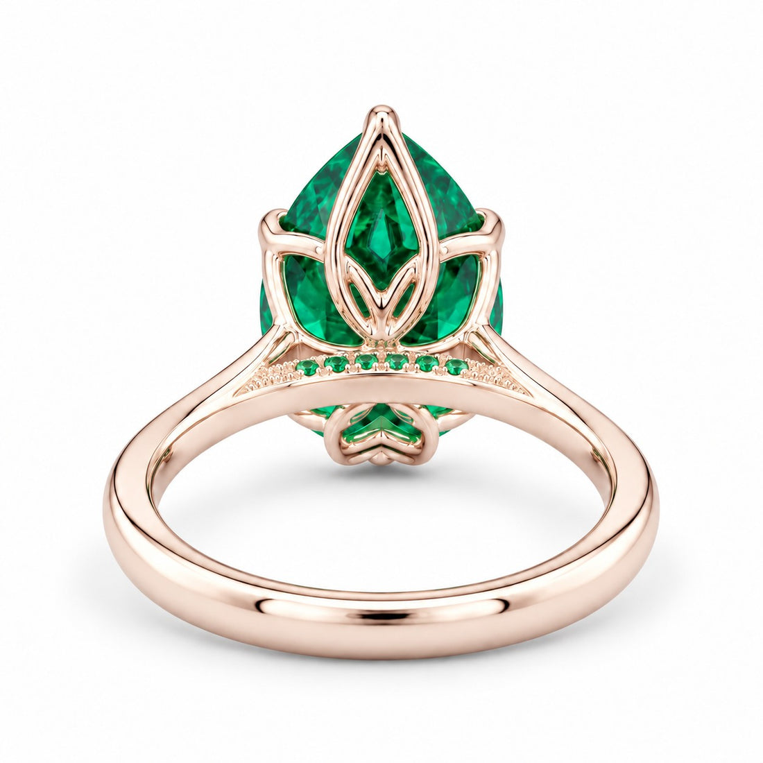 The Lotus Lace — Pear Emerald Ring (Petal Setting) in 14K rose gold, back and setting