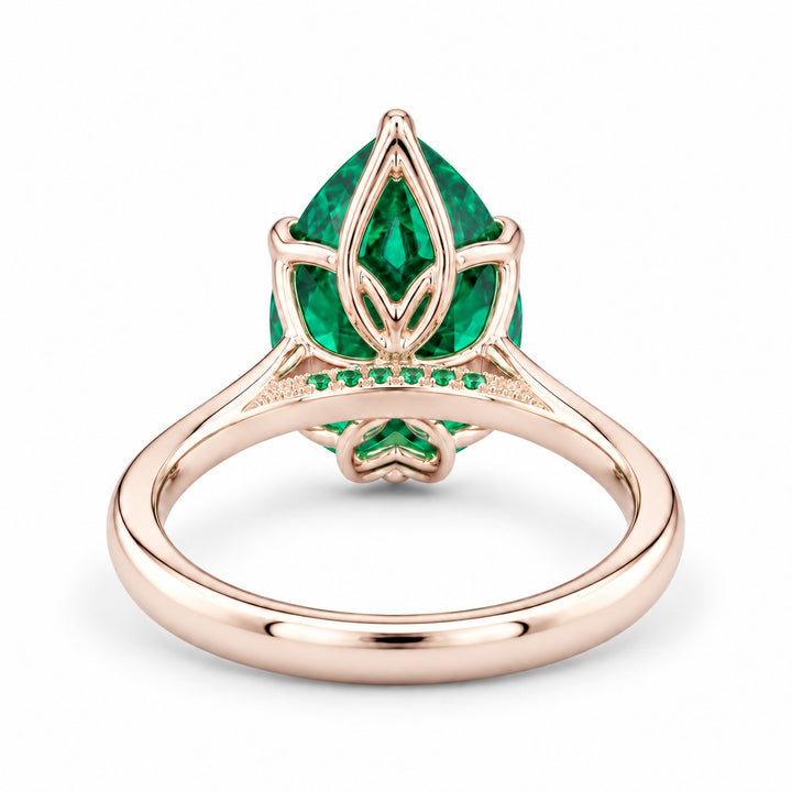 The Lotus Lace — Pear Emerald Ring (Petal Setting) in 14K rose gold, back and setting
