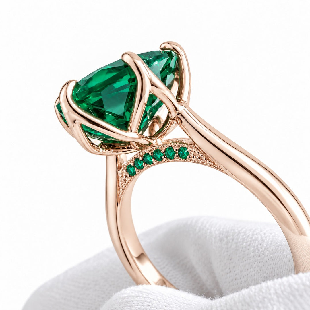 The Lotus Lace — Pear Emerald Ring (Petal Setting) in 14K rose gold, detail