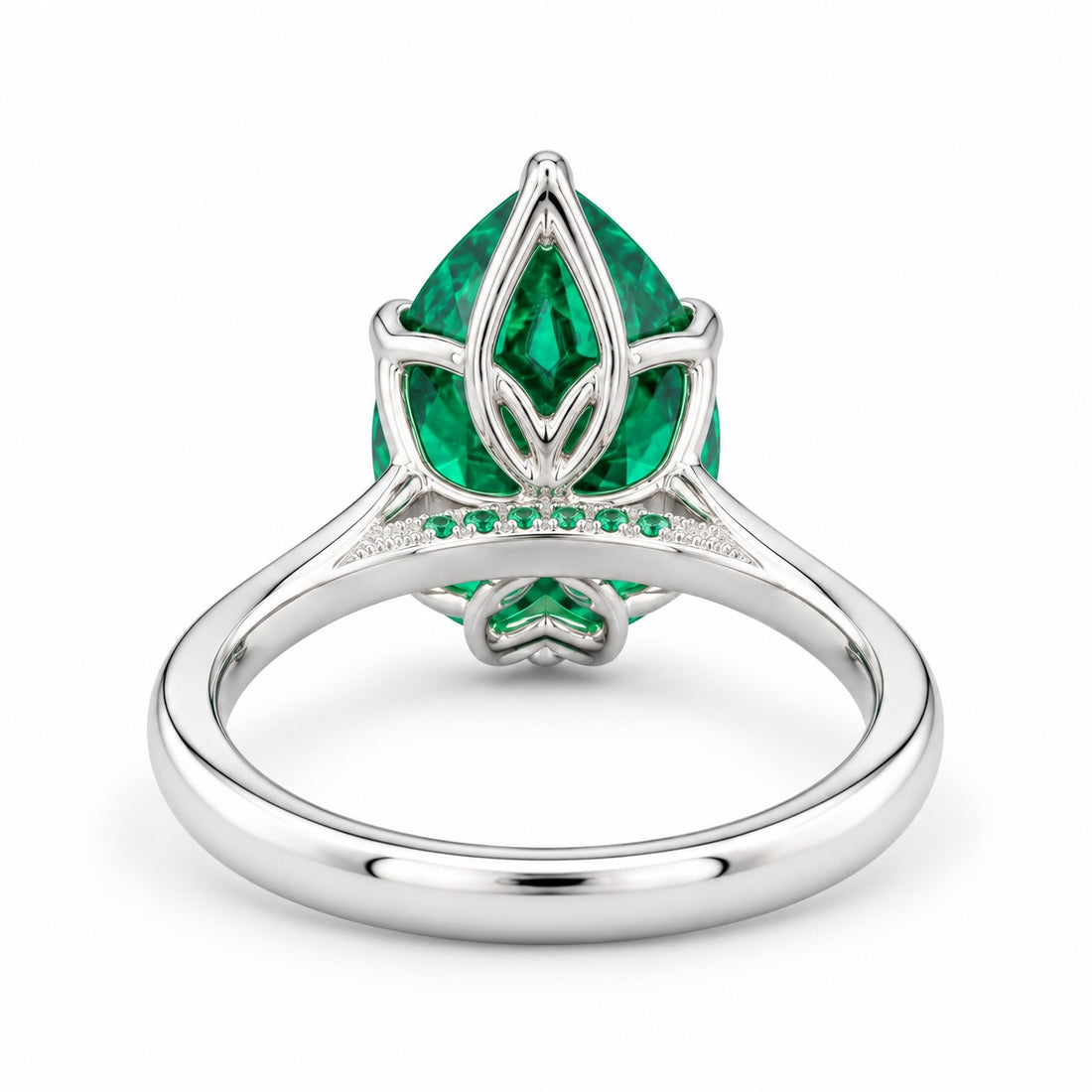 The Lotus Lace — Pear Emerald Ring (Petal Setting) in 14K white gold, back and setting