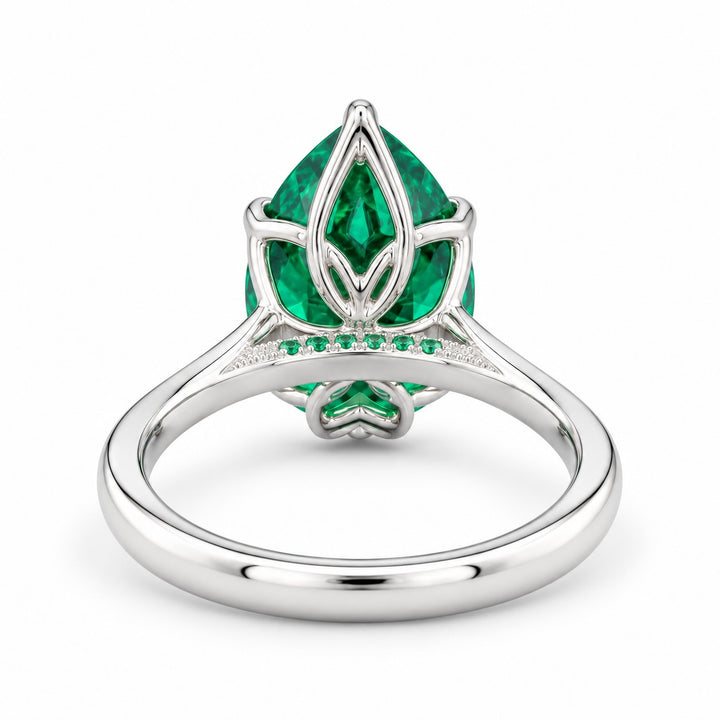 The Lotus Lace — Pear Emerald Ring (Petal Setting) in 14K white gold, back and setting