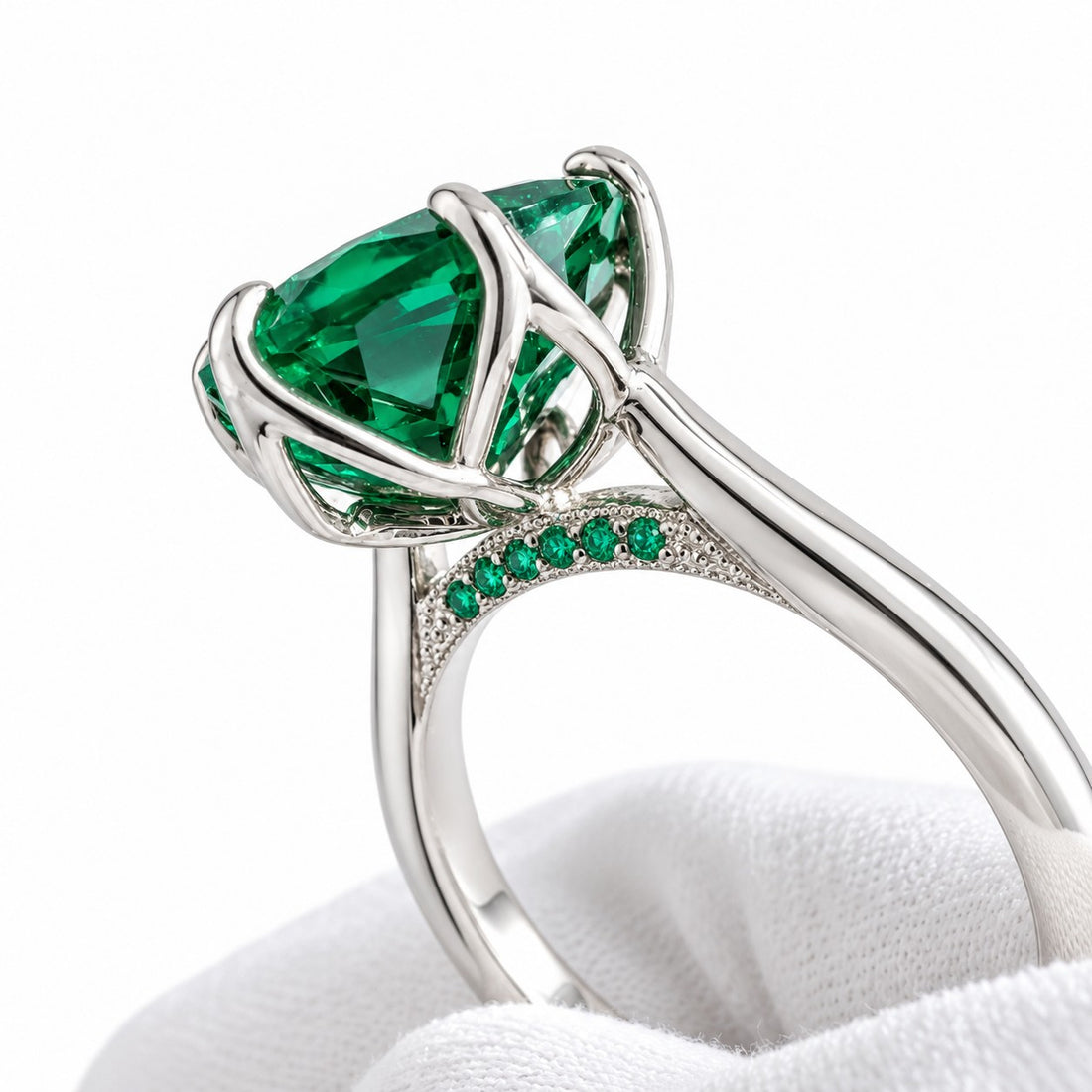 The Lotus Lace — Pear Emerald Ring (Petal Setting) in 14K white gold, detail