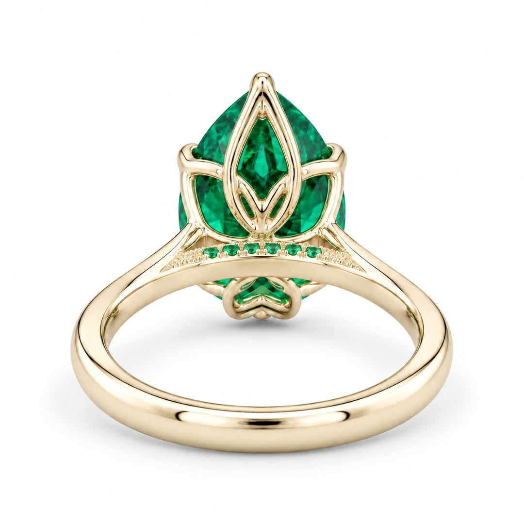 The Lotus Lace — Pear Emerald Ring (Petal Setting) in 14K yellow gold, back and setting