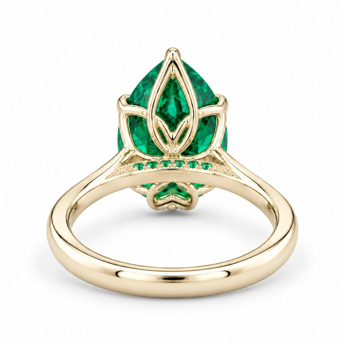 The Lotus Lace — Pear Emerald Ring (Petal Setting) in 14K yellow gold, back and setting