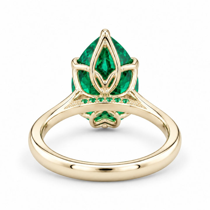 The Lotus Lace — Pear Emerald Ring (Petal Setting) in 14K yellow gold, back and setting