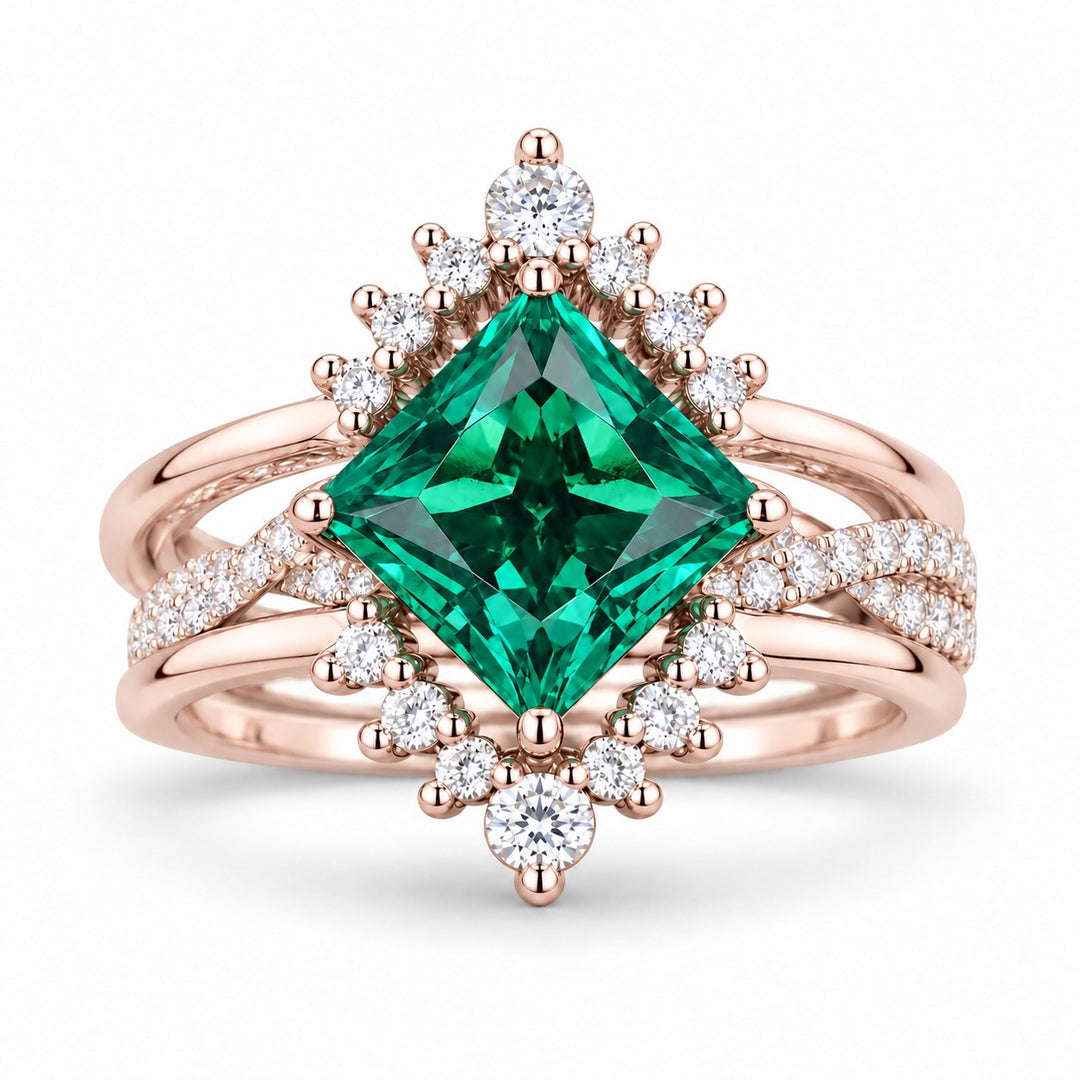 The Verdant Crown — Diamond Halo Emerald Ring (Twist Band) in 14K rose gold, front view