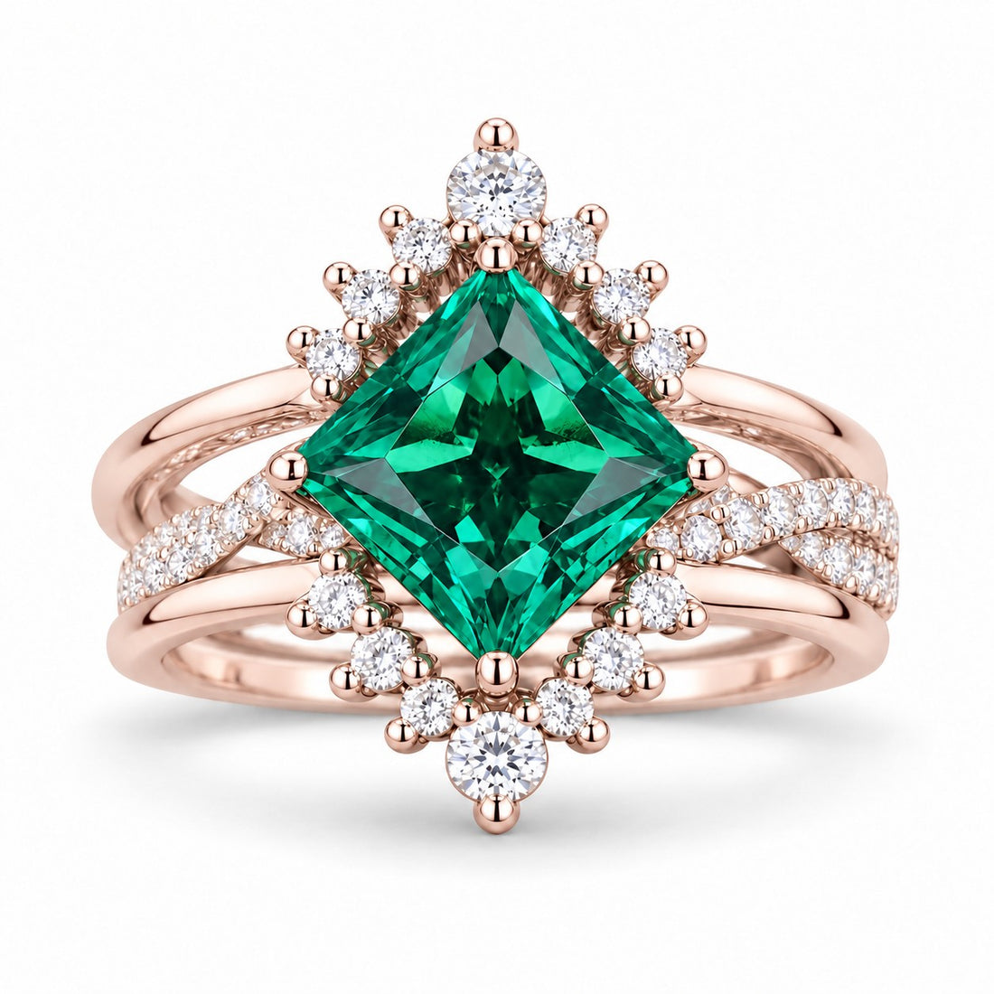 The Verdant Crown — Diamond Halo Emerald Ring (Twist Band) in 14K rose gold, front view