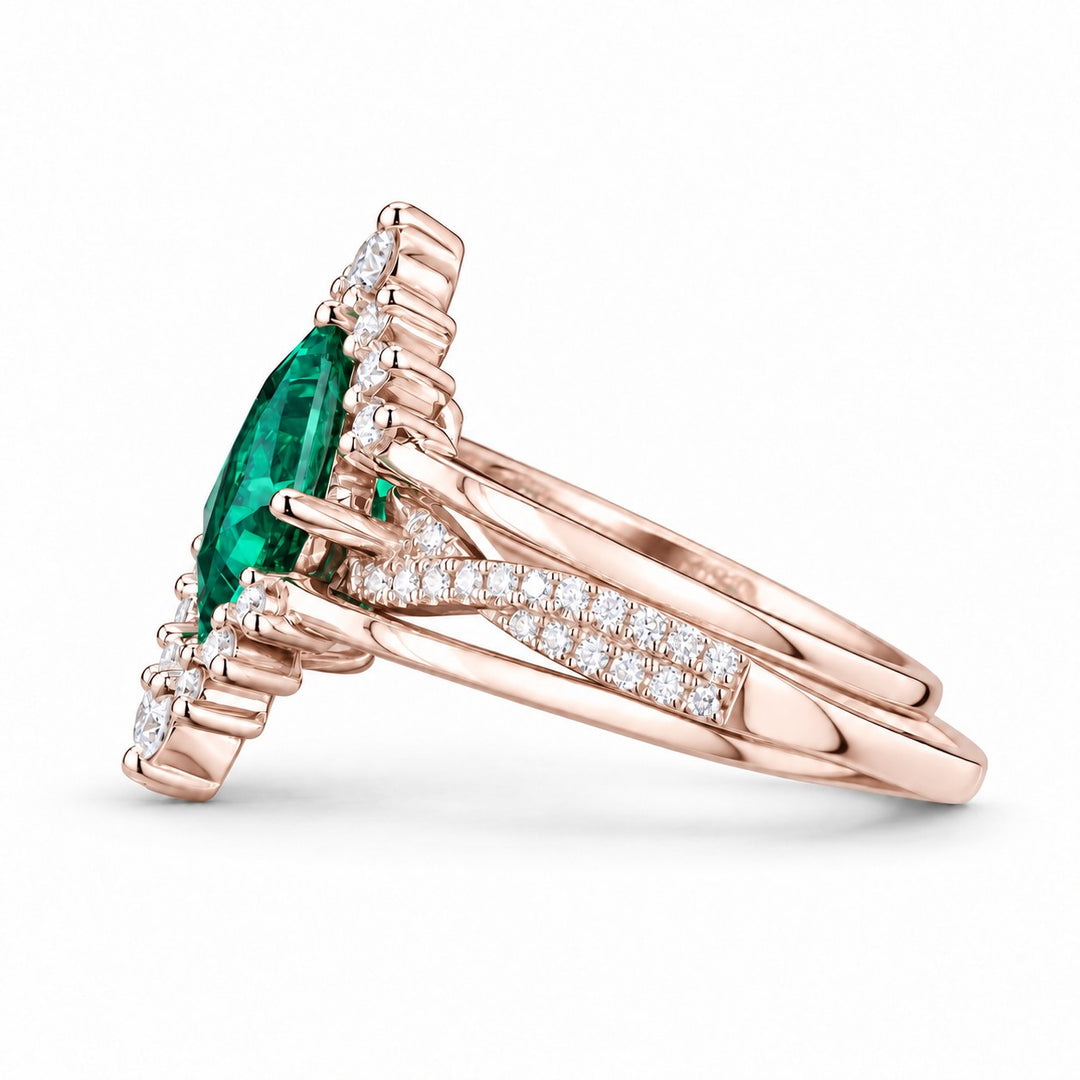 The Verdant Crown — Diamond Halo Emerald Ring (Twist Band) in 14K rose gold, side view
