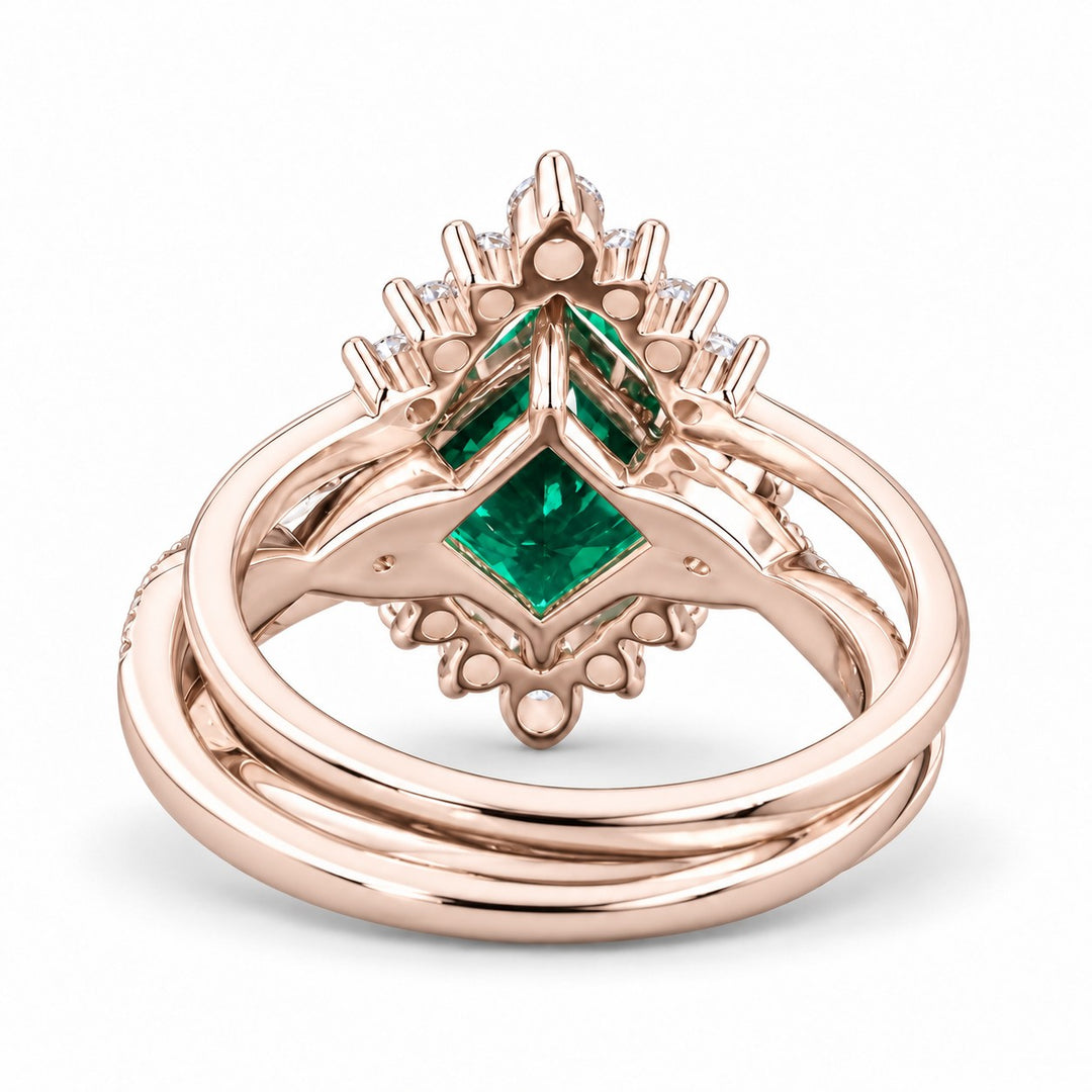 The Verdant Crown — Diamond Halo Emerald Ring (Twist Band) in 14K rose gold, back and setting