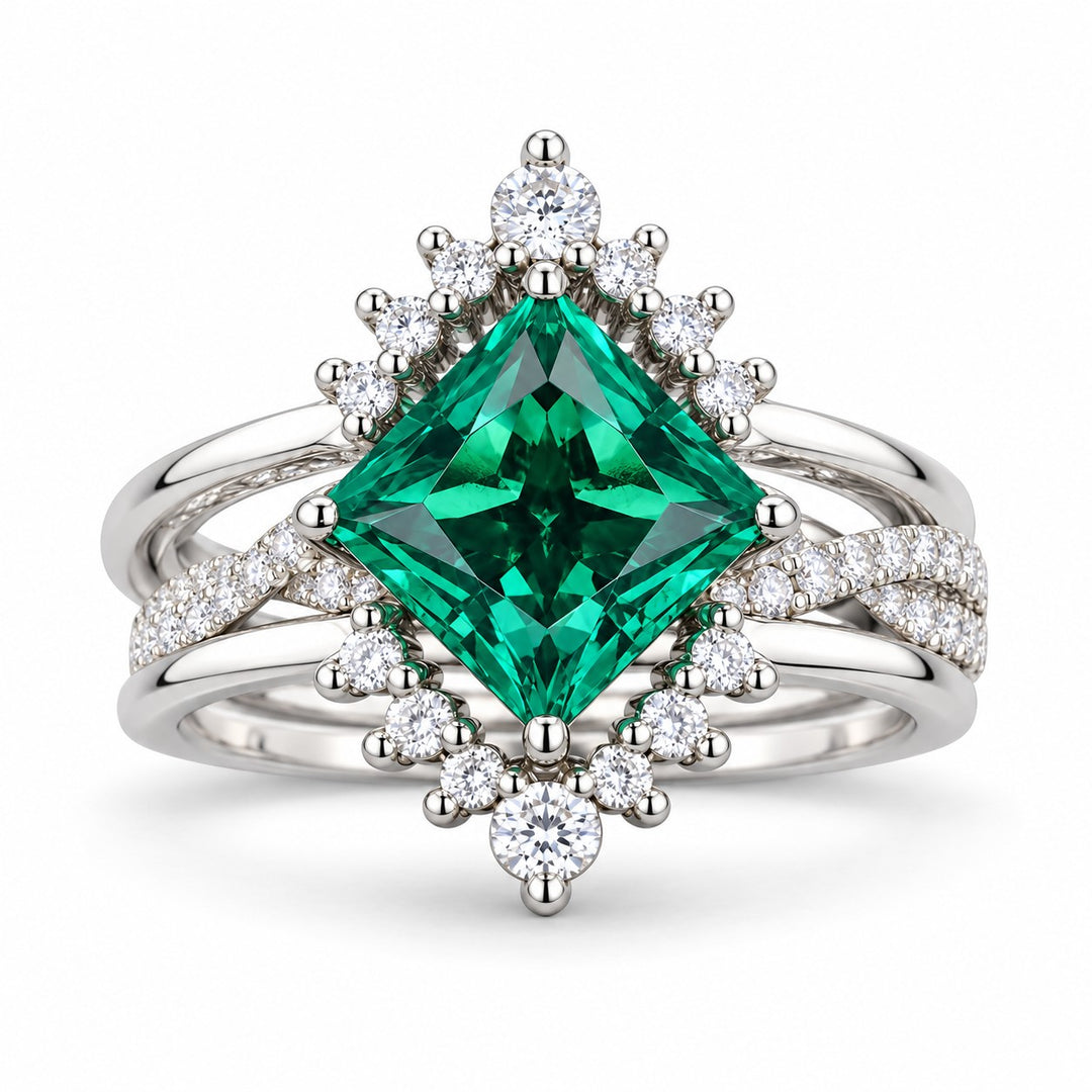 The Verdant Crown — Diamond Halo Emerald Ring (Twist Band) in 14K white gold, front view