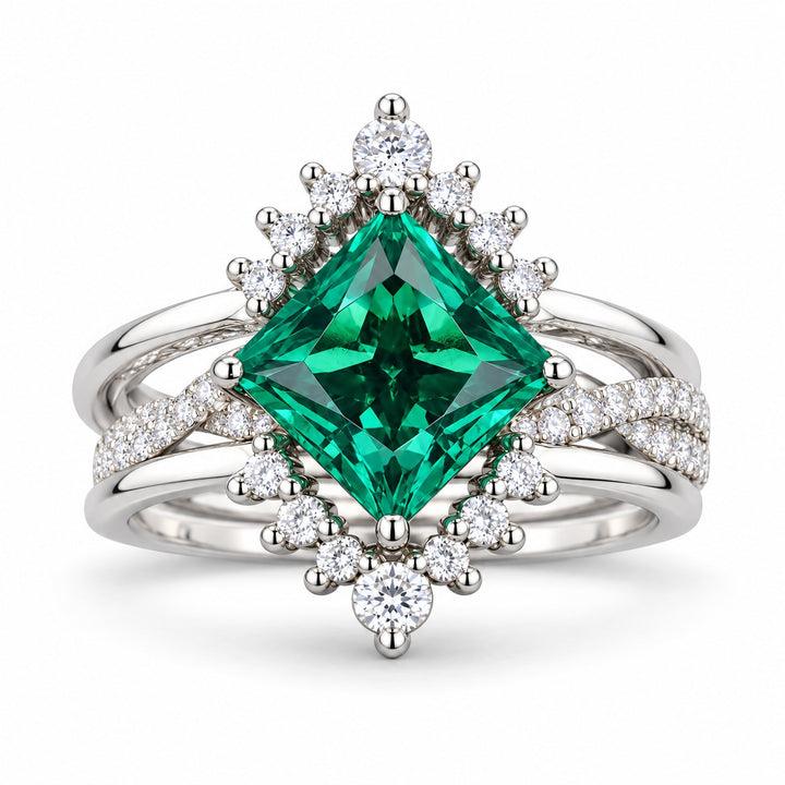 The Verdant Crown — Diamond Halo Emerald Ring (Twist Band) in 14K white gold, front view