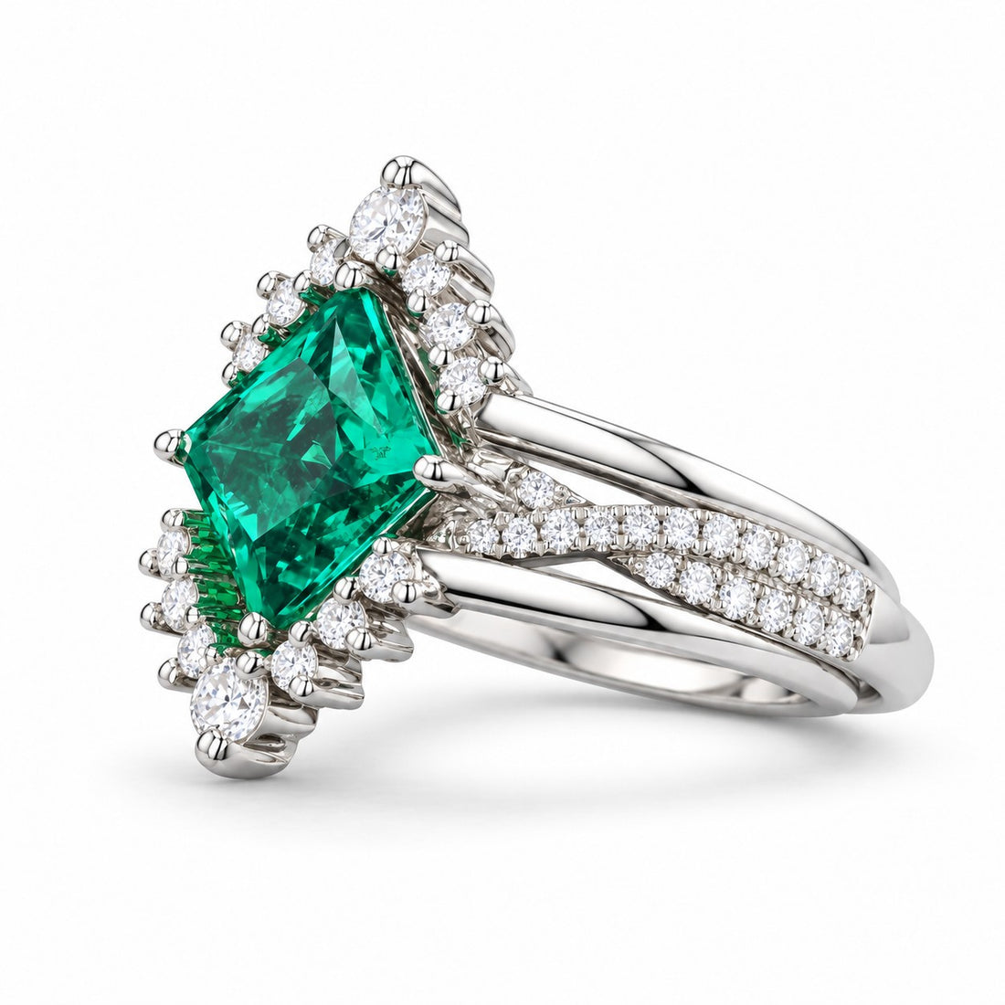 The Verdant Crown — Diamond Halo Emerald Ring (Twist Band) in 14K white gold, three-quarter view