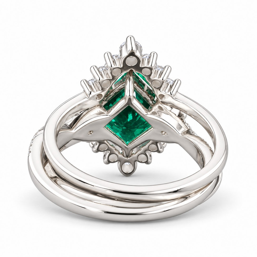 The Verdant Crown — Diamond Halo Emerald Ring (Twist Band) in 14K white gold, back and setting