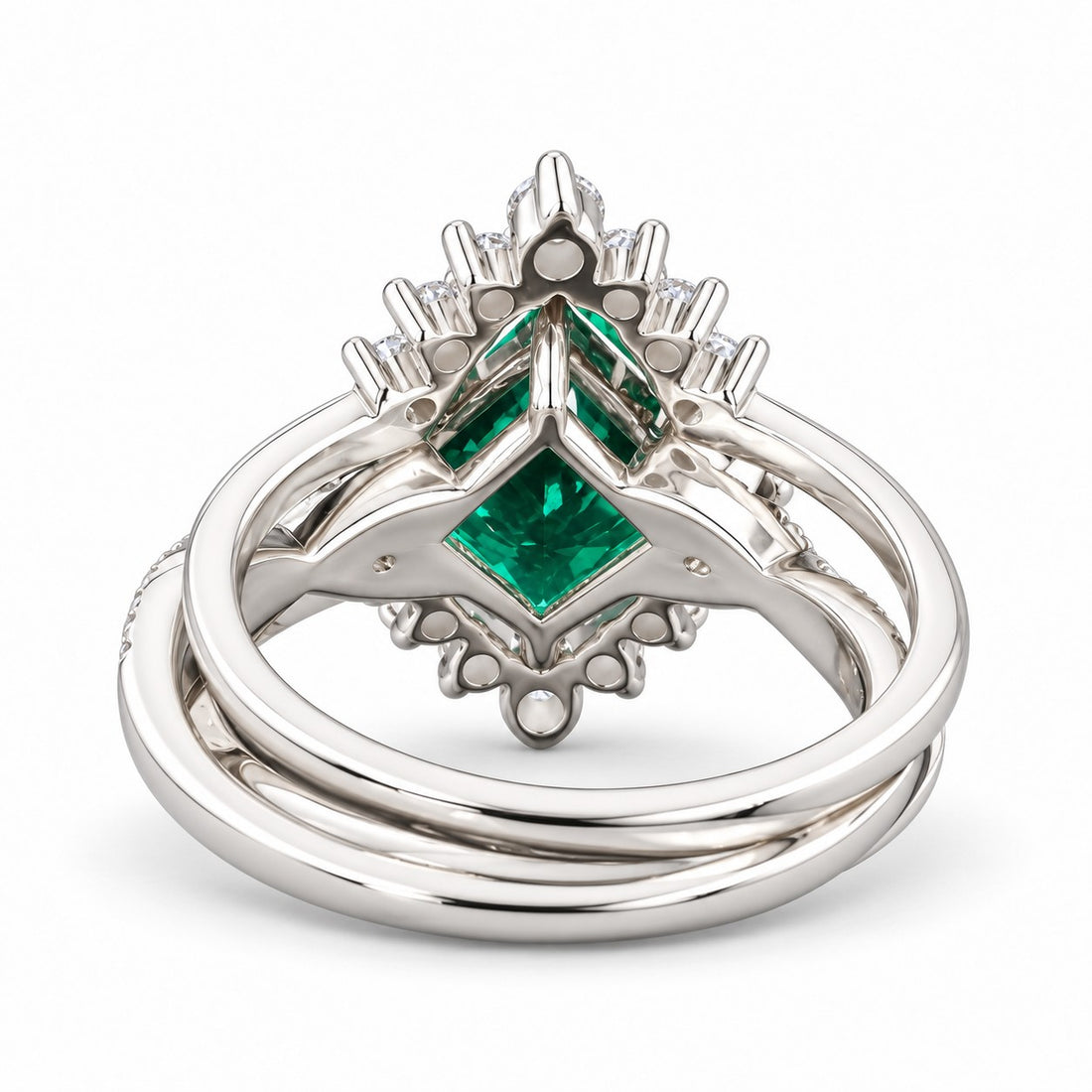 The Verdant Crown — Diamond Halo Emerald Ring (Twist Band) in 14K white gold, back and setting