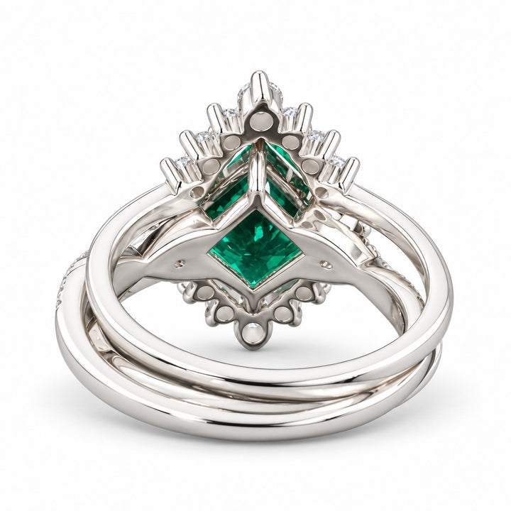The Verdant Crown — Diamond Halo Emerald Ring (Twist Band) in 14K white gold, back and setting