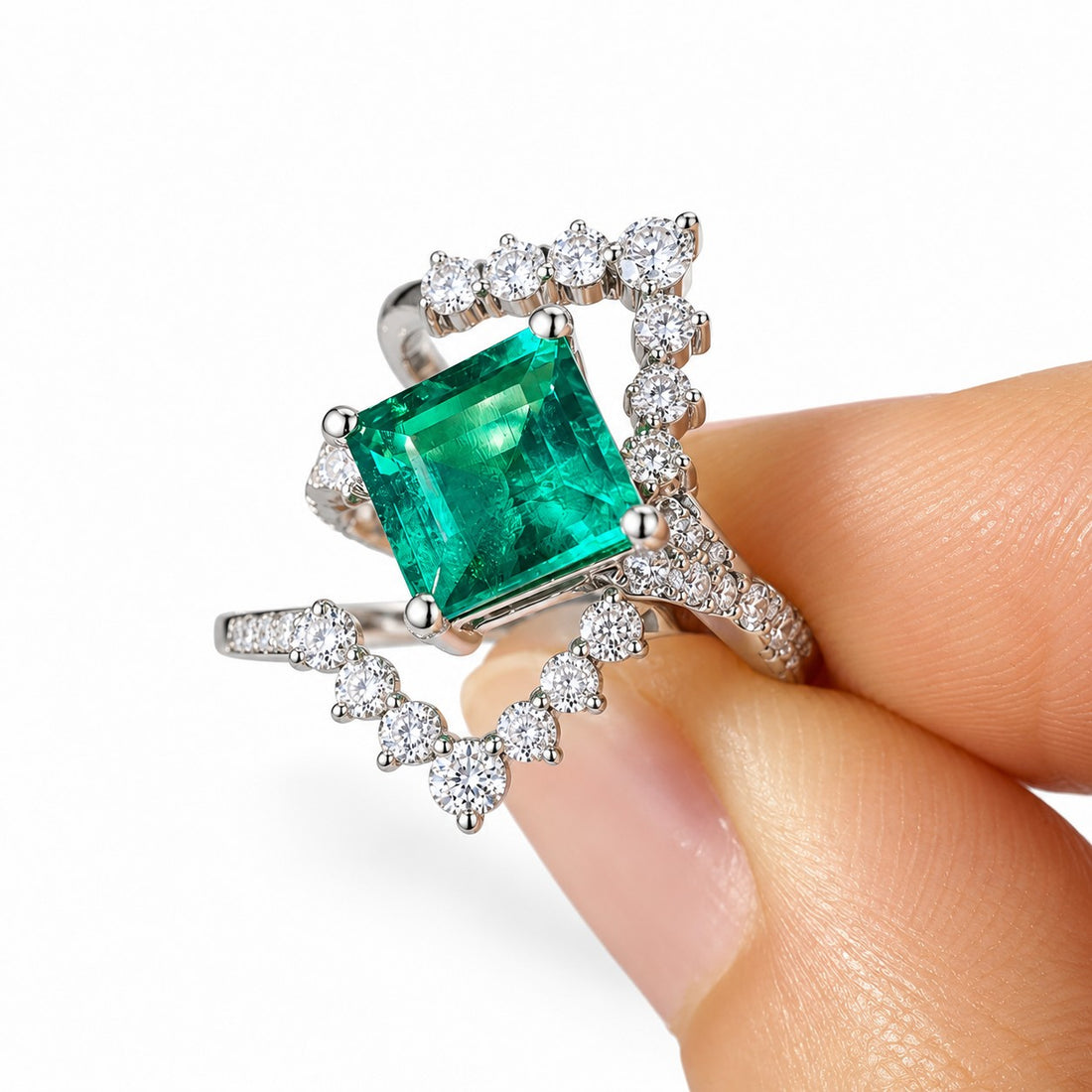 The Verdant Crown — Diamond Halo Emerald Ring (Twist Band) in 14K white gold, detail