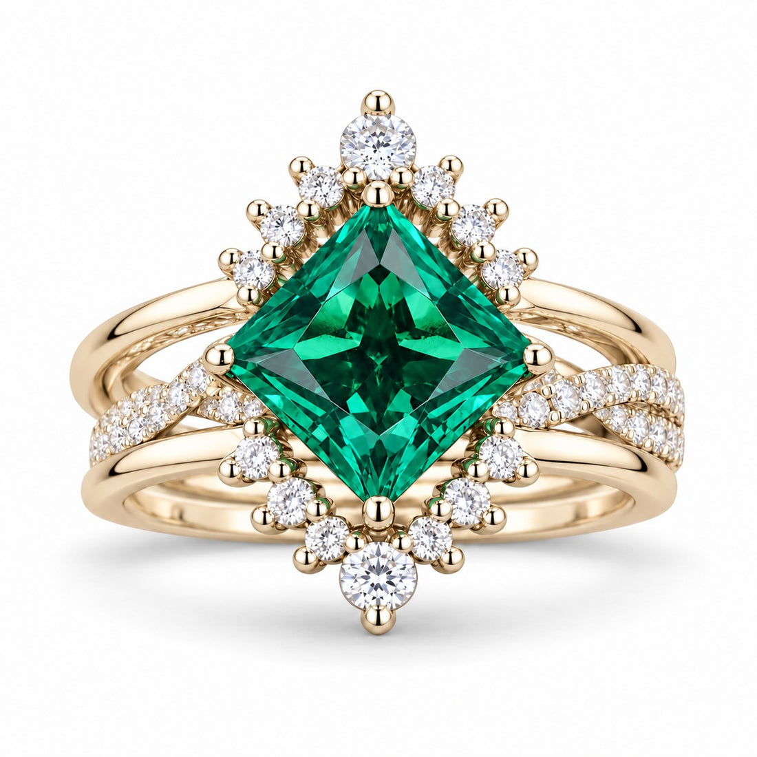The Verdant Crown — Diamond Halo Emerald Ring (Twist Band) in 14K yellow gold, front view