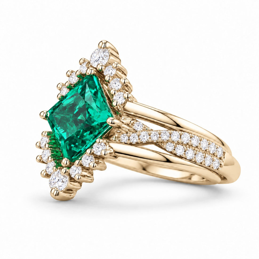 The Verdant Crown — Diamond Halo Emerald Ring (Twist Band) in 14K yellow gold, three-quarter view