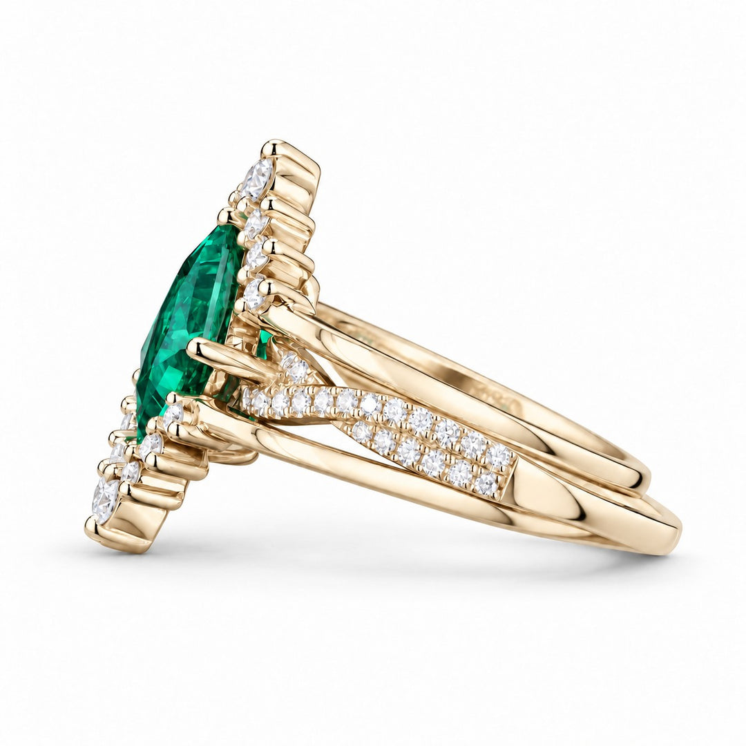 The Verdant Crown — Diamond Halo Emerald Ring (Twist Band) in 14K yellow gold, side view